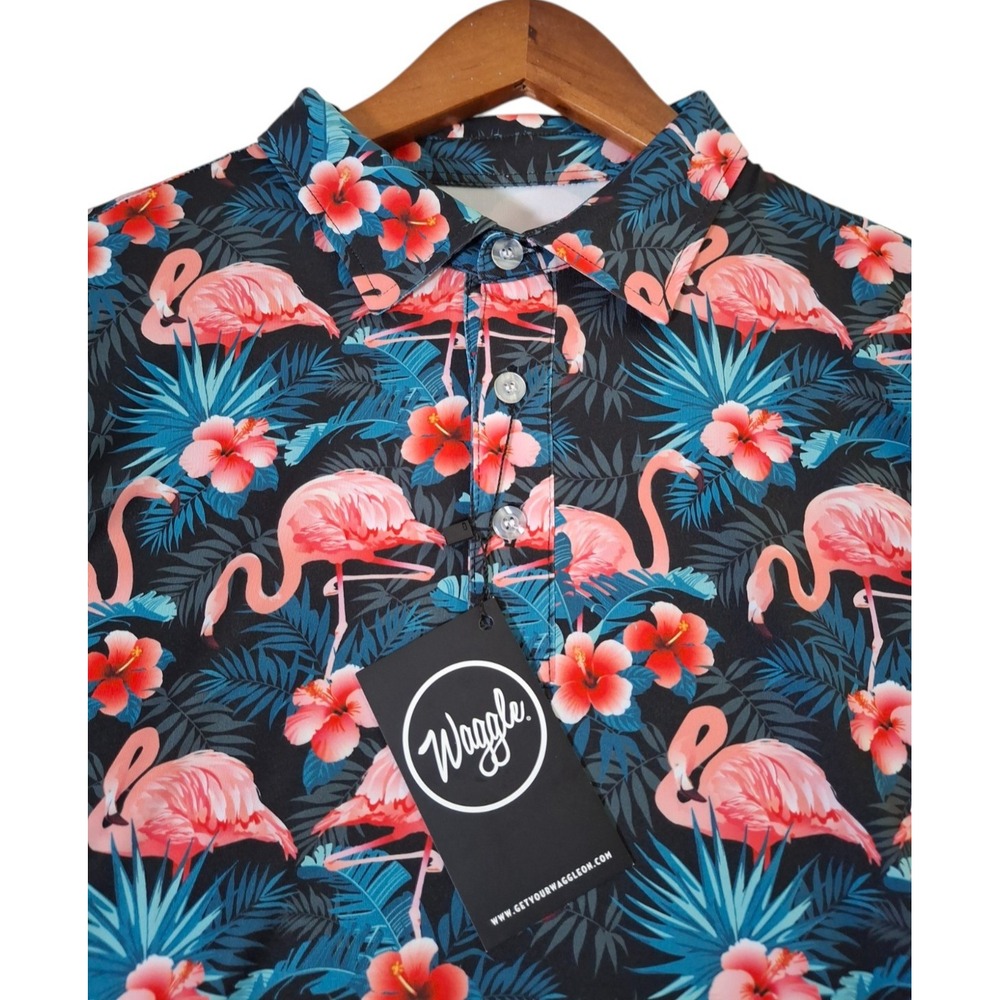 Waggle Beach Golf Polo Shirt Womens Large Blue Pink Flamingo All Over Print - Picture 3 of 7